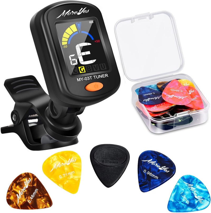 MOREYES Rechargeable Guitar Tuner Clip On with 28Pcs Guitar Picks, Guitar Tuner for Acoustic Guitar, Electric Guitar, Bass, Ukulele & Chromatic Tuning Modes, Full Color Display - Image 1